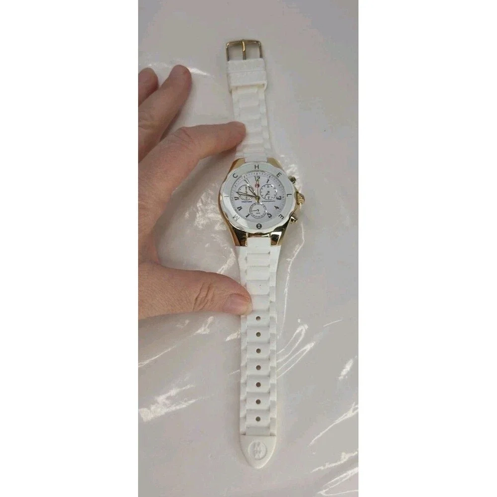 MICHELE JELLY BEAN TAHITIAN CHRONOGRAPH Watch GOLDTONE WHITE SILICONE BAND EUC - Picture 6 of 16